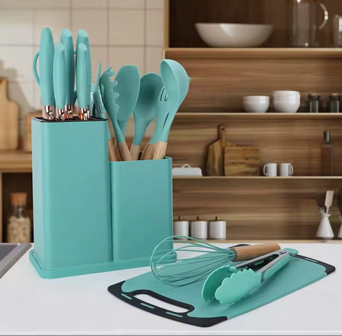 Set de Utensilios de Cocina 19 Piezas | Silicona y Acero Inoxidable | Mango de Madera